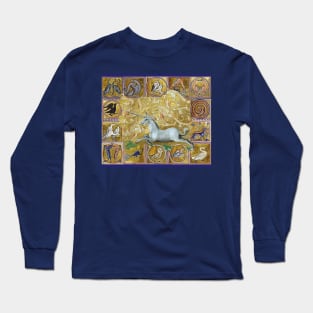 UNICORN AND MEDIEVAL BESTIARY, FANTASTIC ANIMALS IN GOLD RED BLUE COLORS Long Sleeve T-Shirt